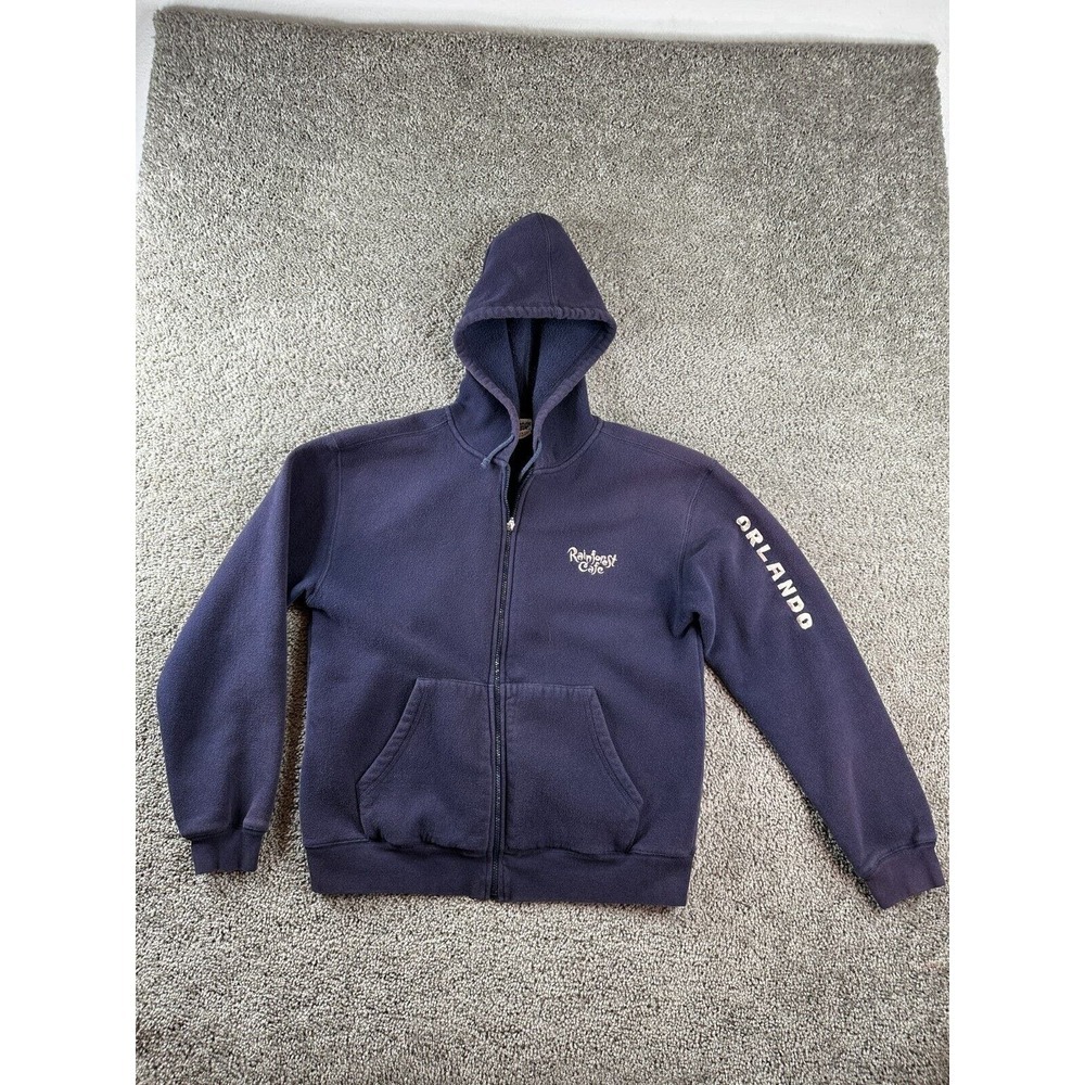 Rainforest Cafe Hoodie Womens Medium Blue Fleece Full Zip Sweatshirt FLAW